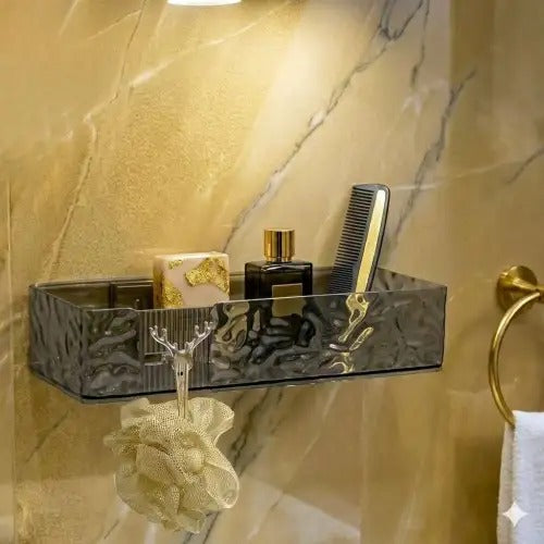Smoky grey acrylic bathroom shelf with perfume bottle